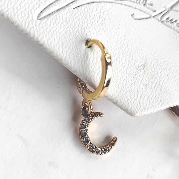 NEW! Celestial Moon & Star Gold + Rhinestone Huggie Hoop Tiny Charm Earrings 5&2 - Picture 6 of 15